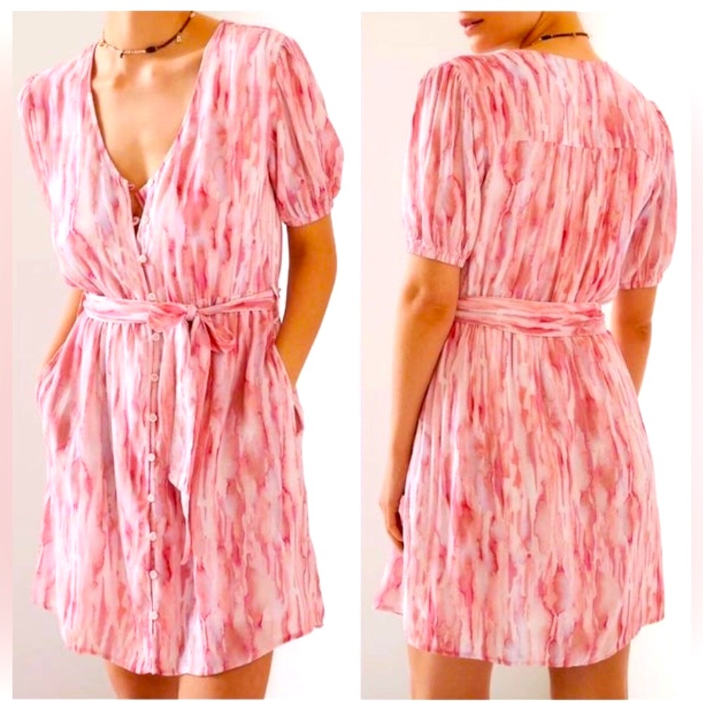 Anthropologie Cloth & Stone women’s Button Front Pink Watercolor belted dress M